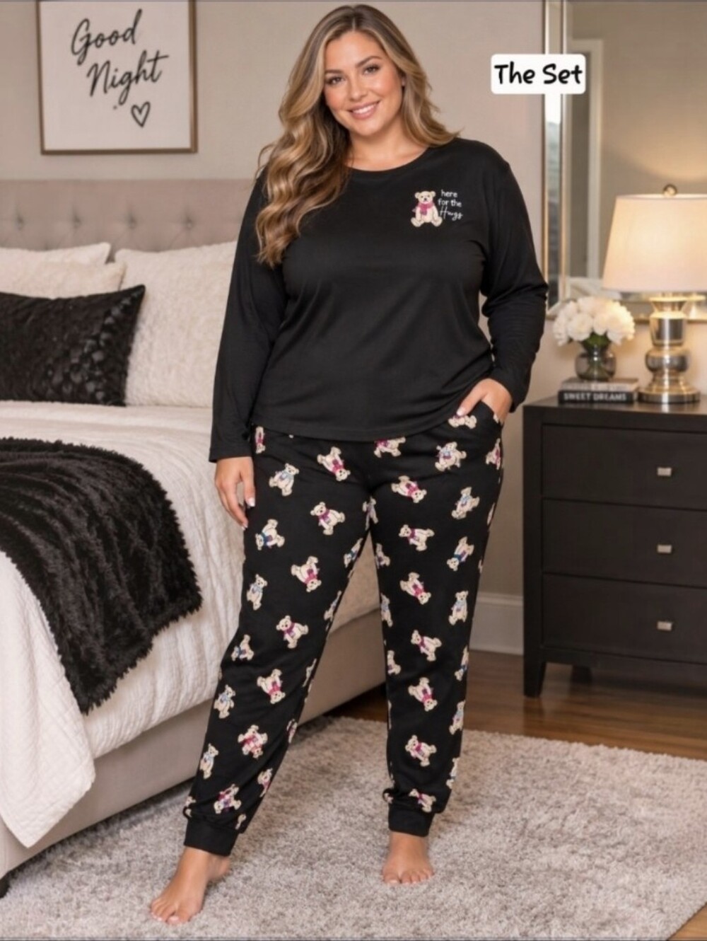 Joyspun | Teddy Bear Novelty Print 2-Piece Pajama Jogger Set | Size Large